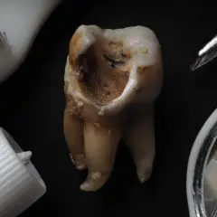 Zniszczony ząb z widoczną próchnicą korzenia zęba, obok szczoteczki i pasty.