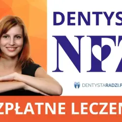Uśmiechnięta kobieta na tle pomarańczowego gradientu. Obok logo "DENTYSTA NFZ" i hasło "BEZPŁATNE LECZENIE". Dowiedz się, ile kosztuje wyrwanie zęba.