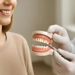 Dentysta pokazuje model szczęki, omawiając zabieg piłowania zębów. Uśmiechnięta pacjentka słucha uważnie.