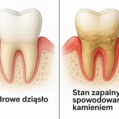 Zdrowa dziąsło vs. stan zapalny spowodowany kamieniem. Czy kamień nazębny może sam odpaść? Nie, wymaga profesjonalnego czyszczenia.