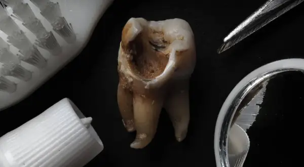Zniszczony ząb z widoczną próchnicą korzenia zęba, obok szczoteczki i pasty.