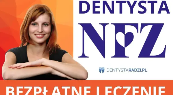 Uśmiechnięta kobieta obok logo DENTYSTA NFZ. Dowiedz się, endodoncja co to, i skorzystaj z bezpłatnego leczenia.