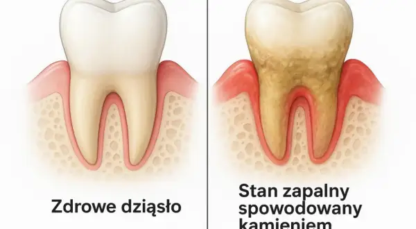 Zdrowa dziąsło vs. stan zapalny spowodowany kamieniem. Czy kamień nazębny może sam odpaść? Nie, wymaga profesjonalnego czyszczenia.