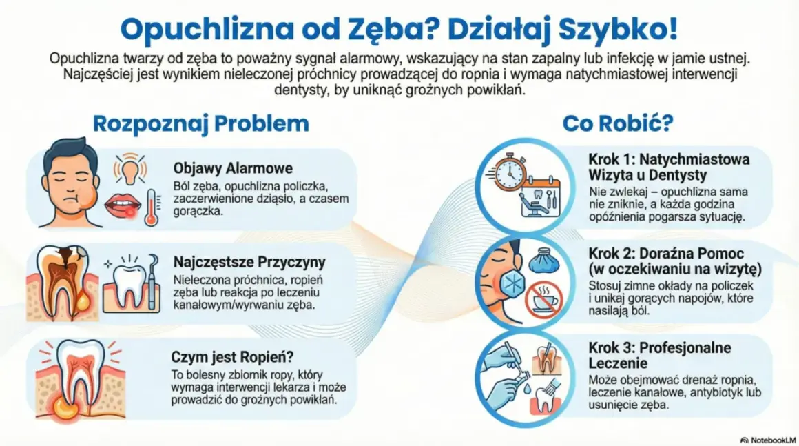 Opuchlizna po wyrwaniu zęba lub z powodu próchnicy wymaga natychmiastowej wizyty u dentysty. Objawy to ból, obrzęk policzka, gorączka.