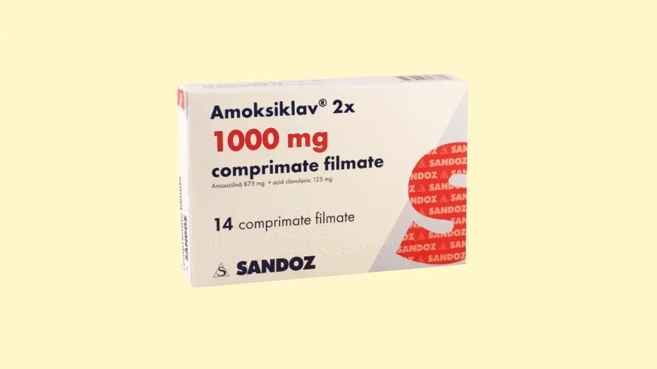 Opakowanie leku Amoksiklav 1000 mg, który może pomóc na ból zęba. Zawiera 14 tabletek.