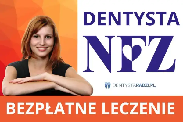 Uśmiechnięta kobieta obok logo DENTYSTA NFZ. Dowiedz się, endodoncja co to, i skorzystaj z bezpłatnego leczenia.