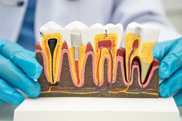 Model zęba pokazuje budowę zębiny, miazgi i korzenia. Widać różne etapy leczenia, w tym wypełnienie kanału korzeniowego i implant.