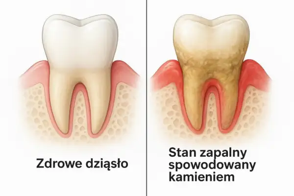Zdrowa dziąsło vs. stan zapalny spowodowany kamieniem. Czy kamień nazębny może sam odpaść? Nie, wymaga profesjonalnego czyszczenia.
